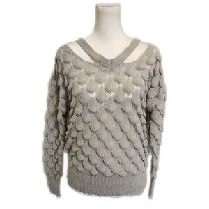 Gray v-neck cutout knit sweater open knit, interesting knit pattern, EUC, Small
